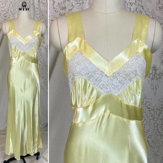 Vintage 1940's Nightgown | Pastel Yellow Acetate Satin with White Floral Lace | Size XS, S | Corticelli Lingerie - Daggers & Dames
