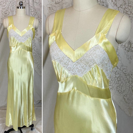 Vintage 1940's Nightgown | Pastel Yellow Acetate Satin with White Floral Lace | Size XS, S | Corticelli Lingerie - Daggers & Dames