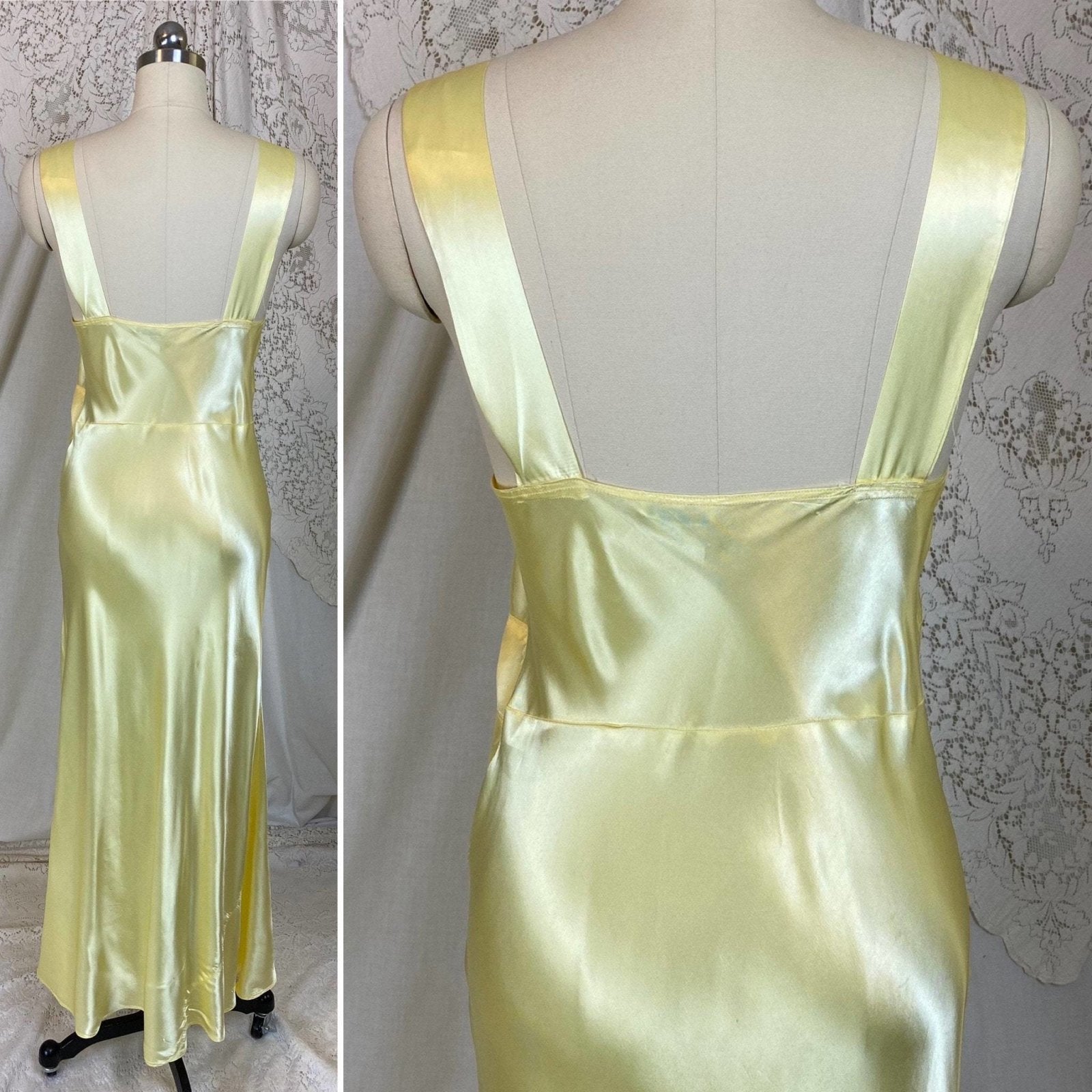 Vintage 1940's Nightgown | Pastel Yellow Acetate Satin with White Floral Lace | Size XS, S | Corticelli Lingerie - Daggers & Dames