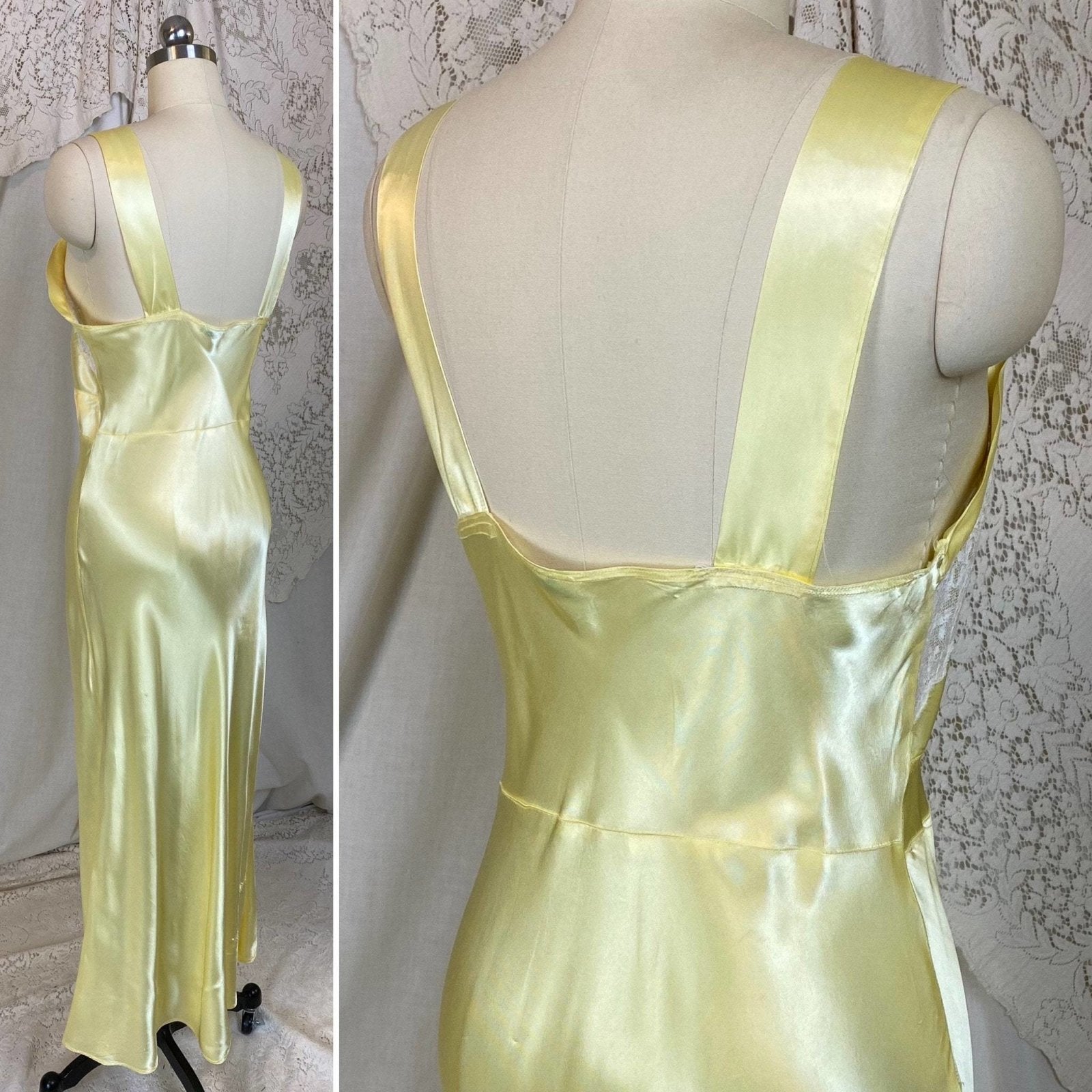 Vintage 1940's Nightgown | Pastel Yellow Acetate Satin with White Floral Lace | Size XS, S | Corticelli Lingerie - Daggers & Dames