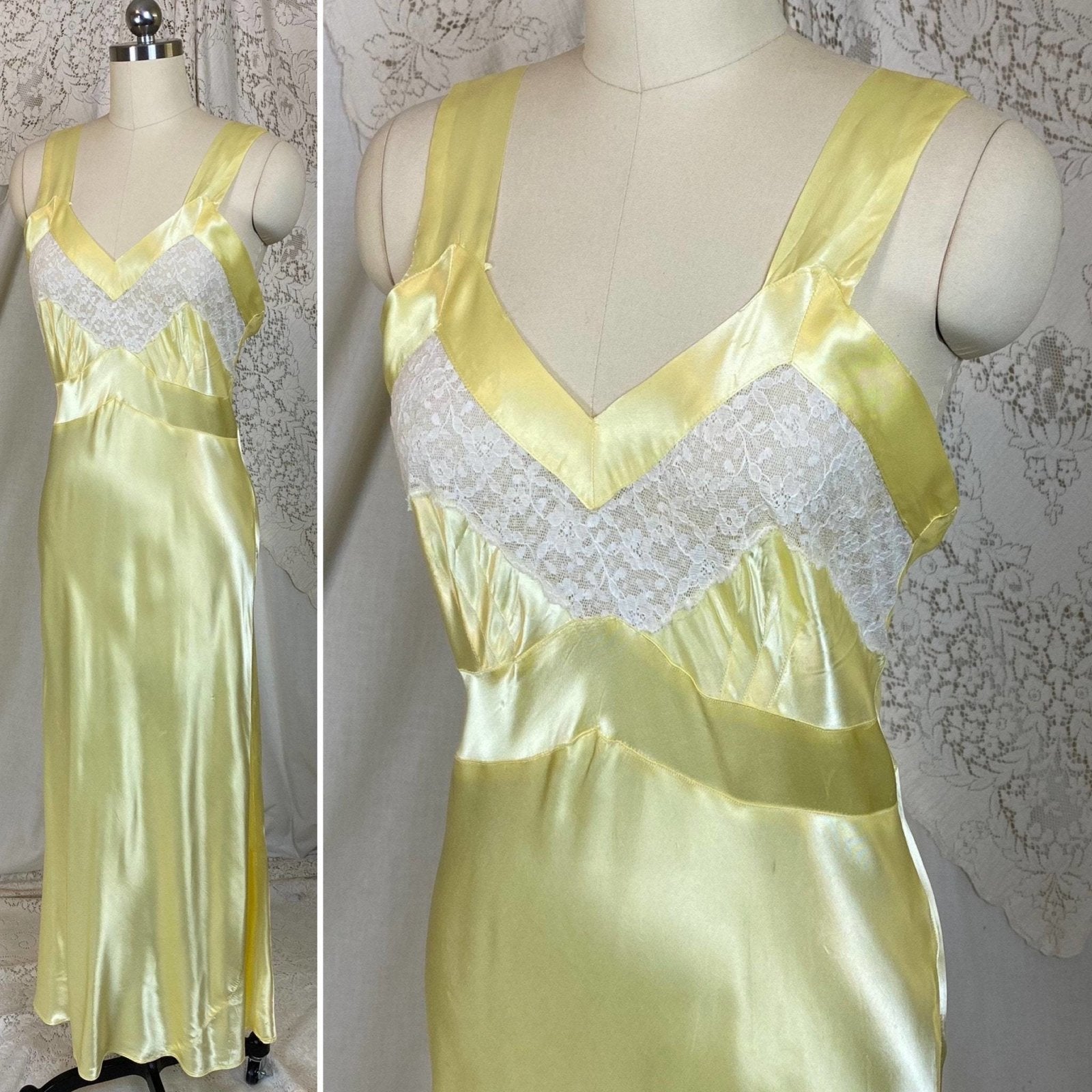 Vintage 1940's Nightgown | Pastel Yellow Acetate Satin with White Floral Lace | Size XS, S | Corticelli Lingerie - Daggers & Dames