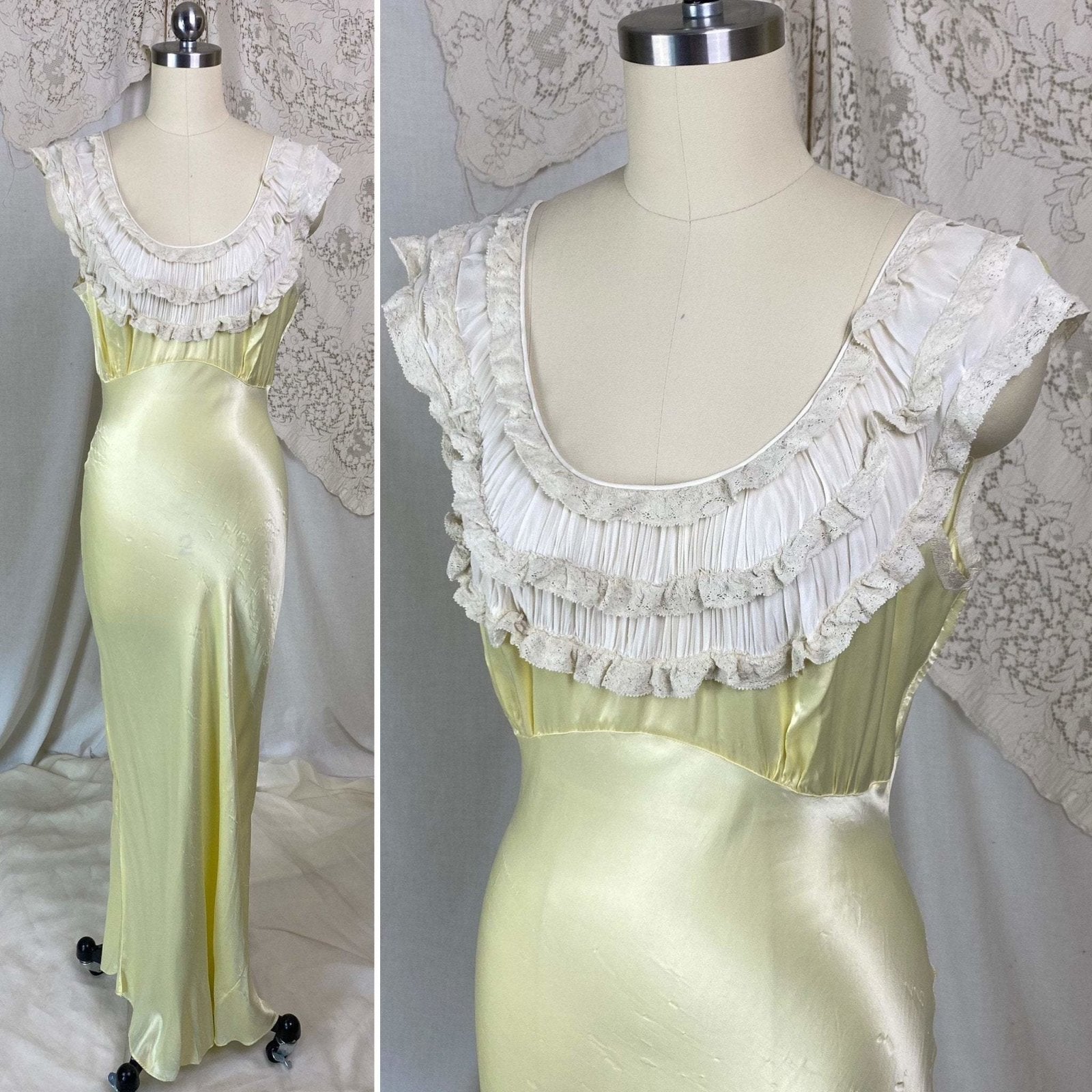 Vintage 1940's Nightgown | Pastel Yellow Rayon Satin with Bone White Chiffon & Ruffled Lace | Size XS, S | Forty Winks - Daggers & Dames