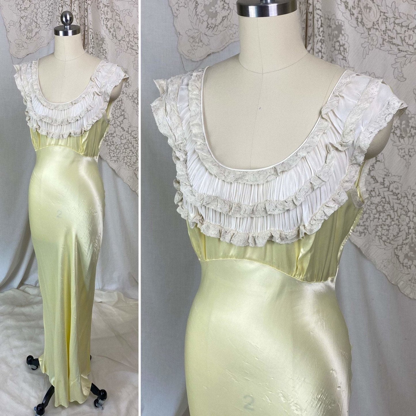 Vintage 1940's Nightgown | Pastel Yellow Rayon Satin with Bone White Chiffon & Ruffled Lace | Size XS, S | Forty Winks - Daggers & Dames