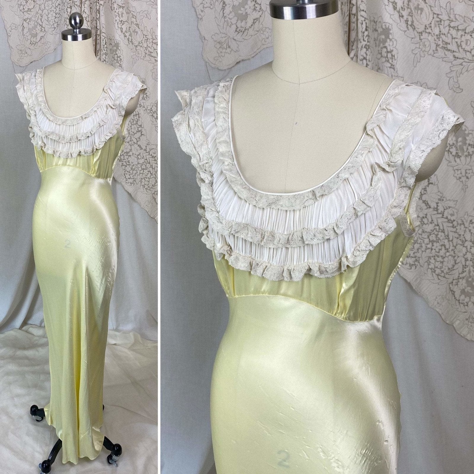 Vintage 1940's Nightgown | Pastel Yellow Rayon Satin with Bone White Chiffon & Ruffled Lace | Size XS, S | Forty Winks - Daggers & Dames
