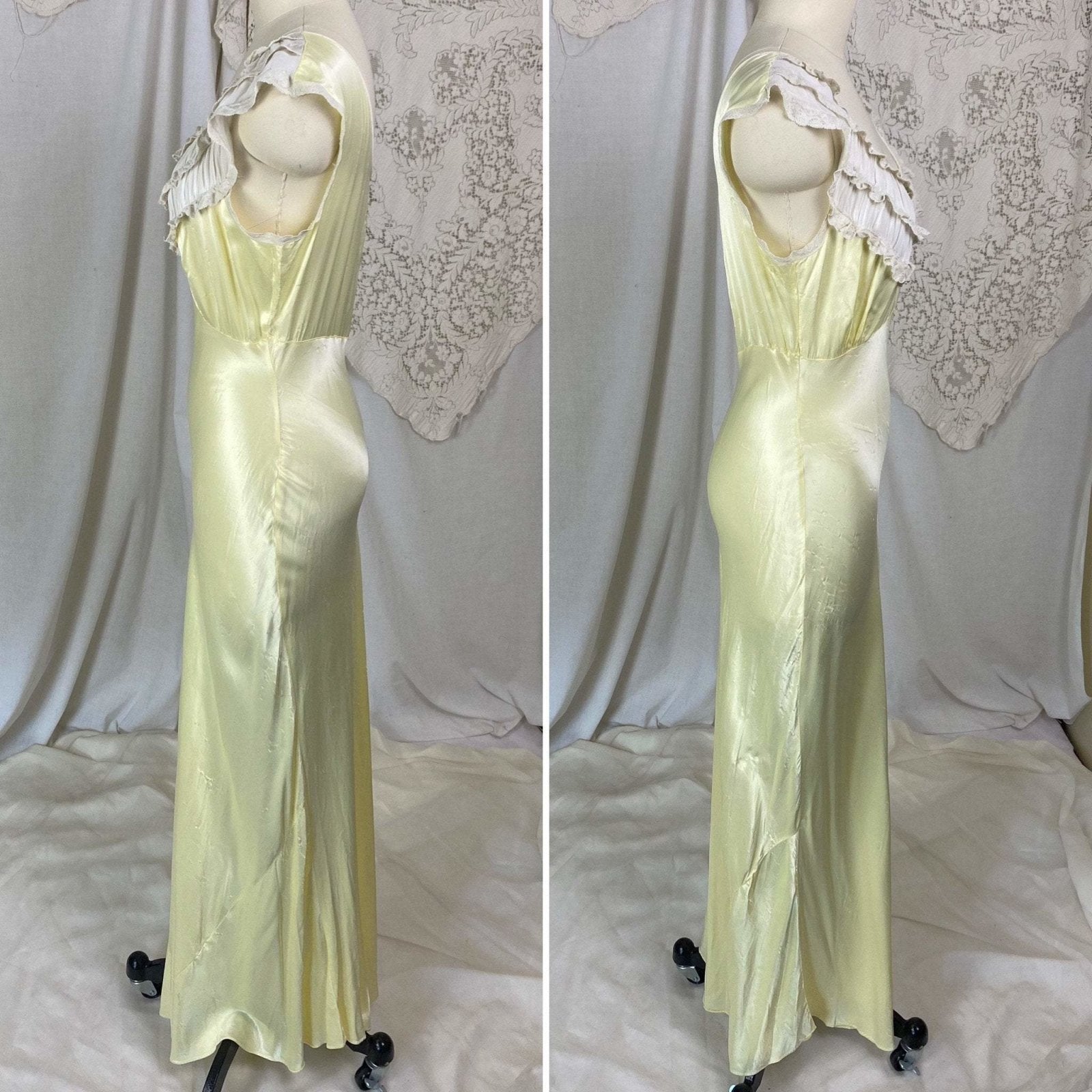Vintage 1940's Nightgown | Pastel Yellow Rayon Satin with Bone White Chiffon & Ruffled Lace | Size XS, S | Forty Winks - Daggers & Dames