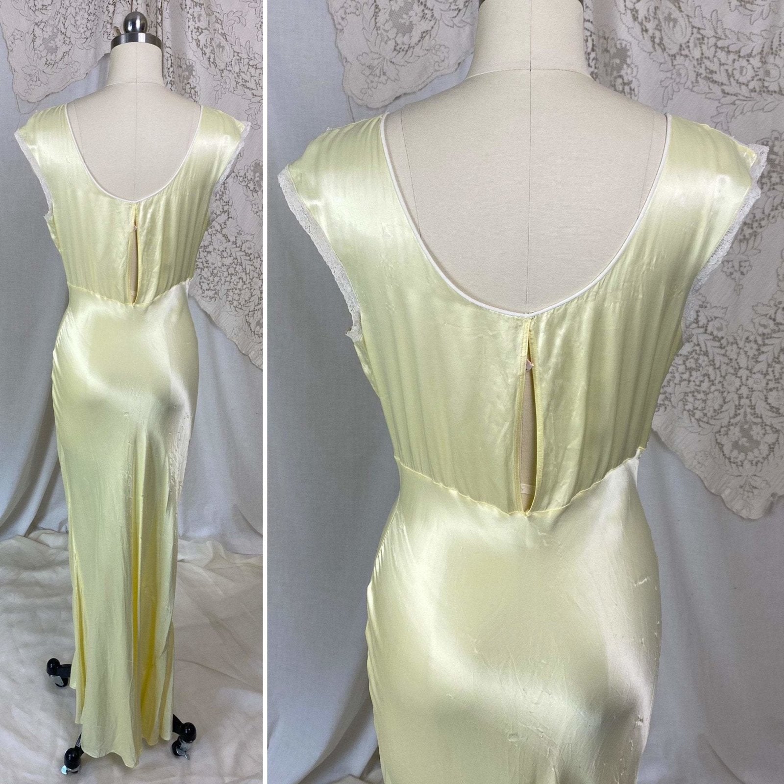 Vintage 1940's Nightgown | Pastel Yellow Rayon Satin with Bone White Chiffon & Ruffled Lace | Size XS, S | Forty Winks - Daggers & Dames