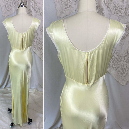 Vintage 1940's Nightgown | Pastel Yellow Rayon Satin with Bone White Chiffon & Ruffled Lace | Size XS, S | Forty Winks - Daggers & Dames