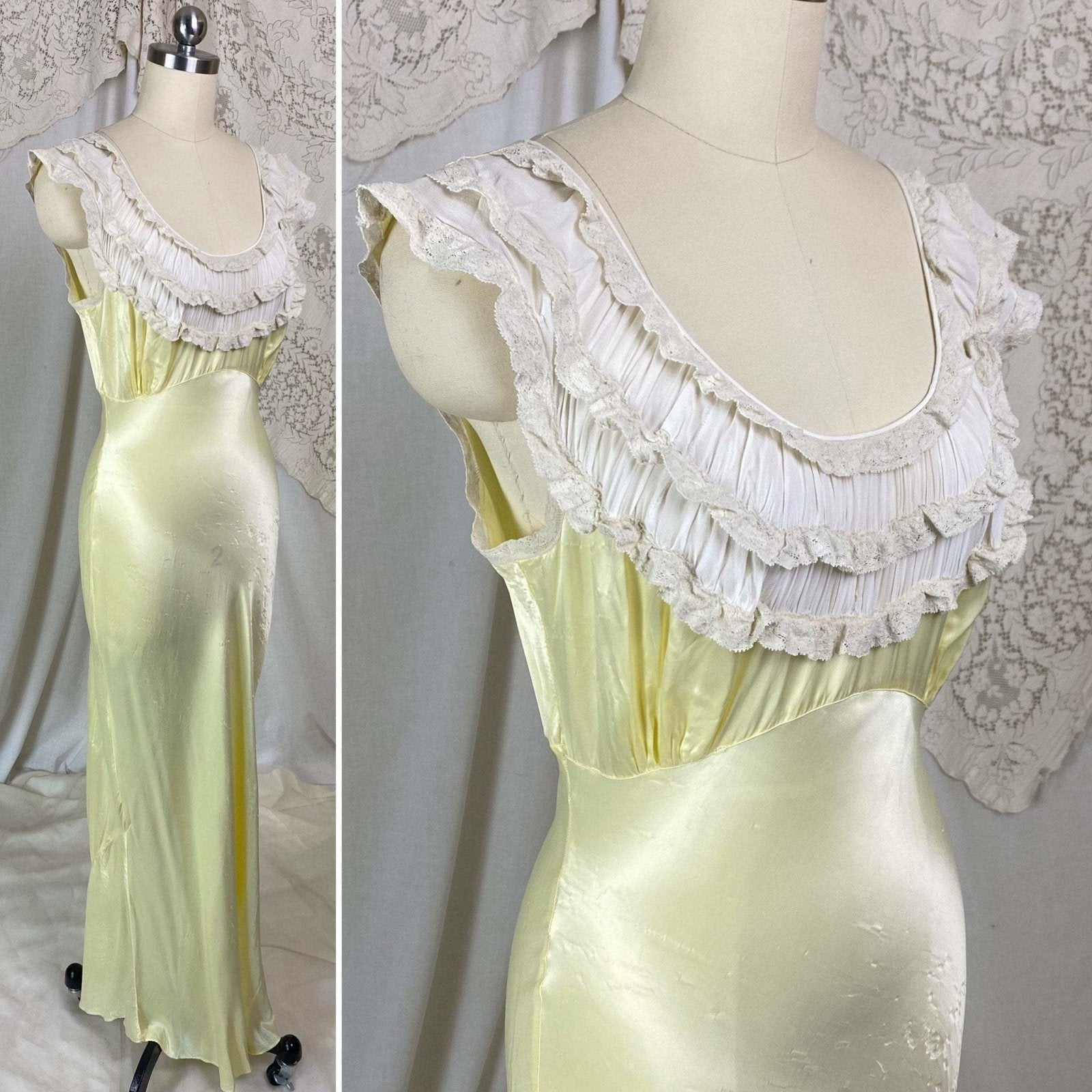 Vintage 1940's Nightgown | Pastel Yellow Rayon Satin with Bone White Chiffon & Ruffled Lace | Size XS, S | Forty Winks - Daggers & Dames