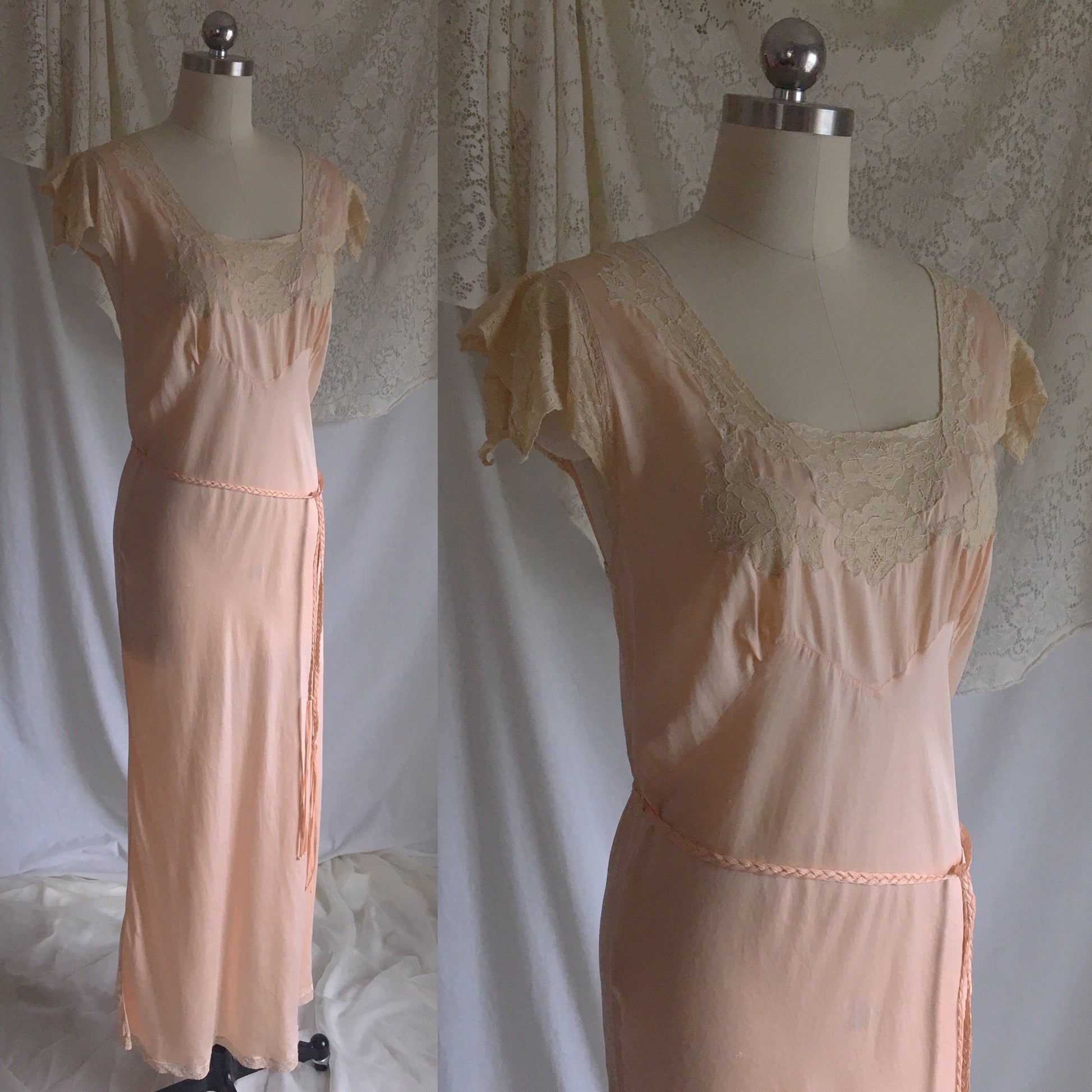 Vintage 1940's Nightgown | Peach Silk with Alencon Lace & Braided Tassel Sash Tie | Size LG - Daggers & Dames