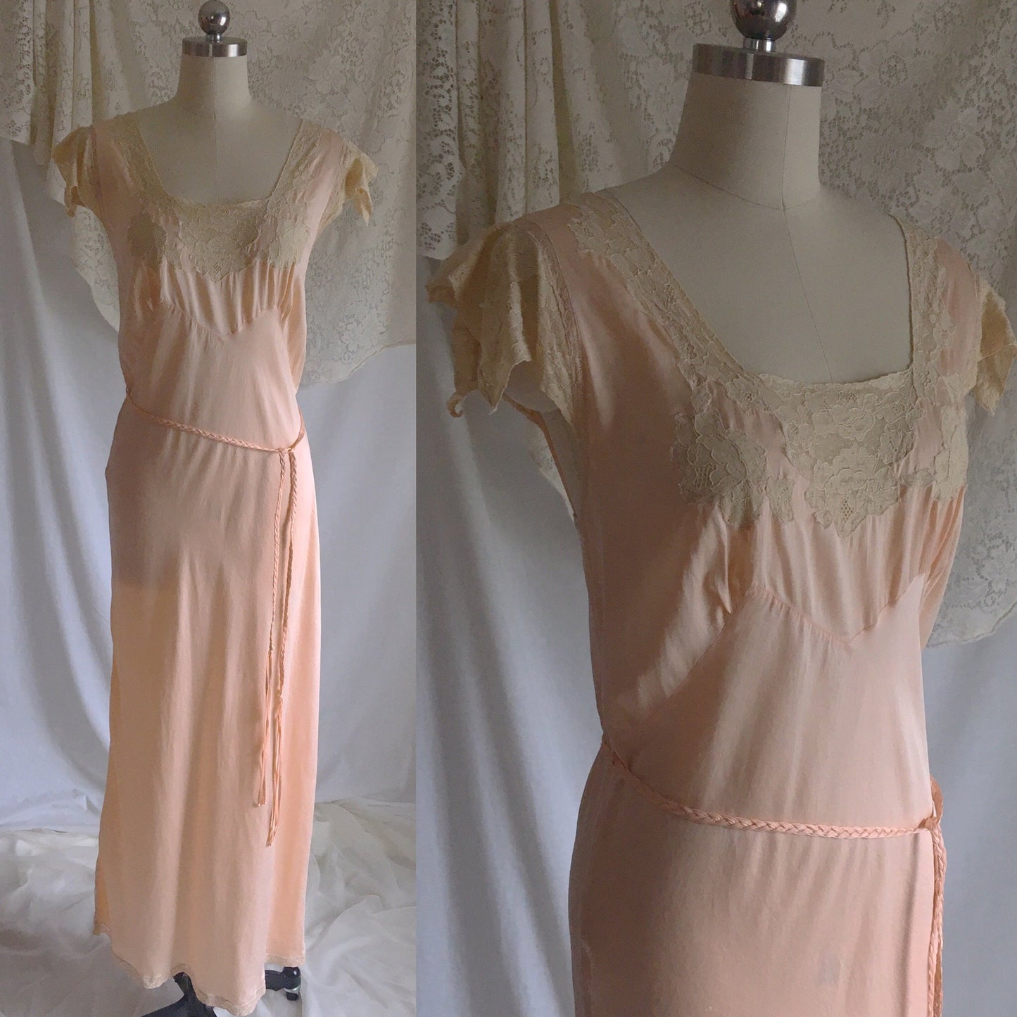 Vintage 1940's Nightgown | Peach Silk with Alencon Lace & Braided Tassel Sash Tie | Size LG - Daggers & Dames