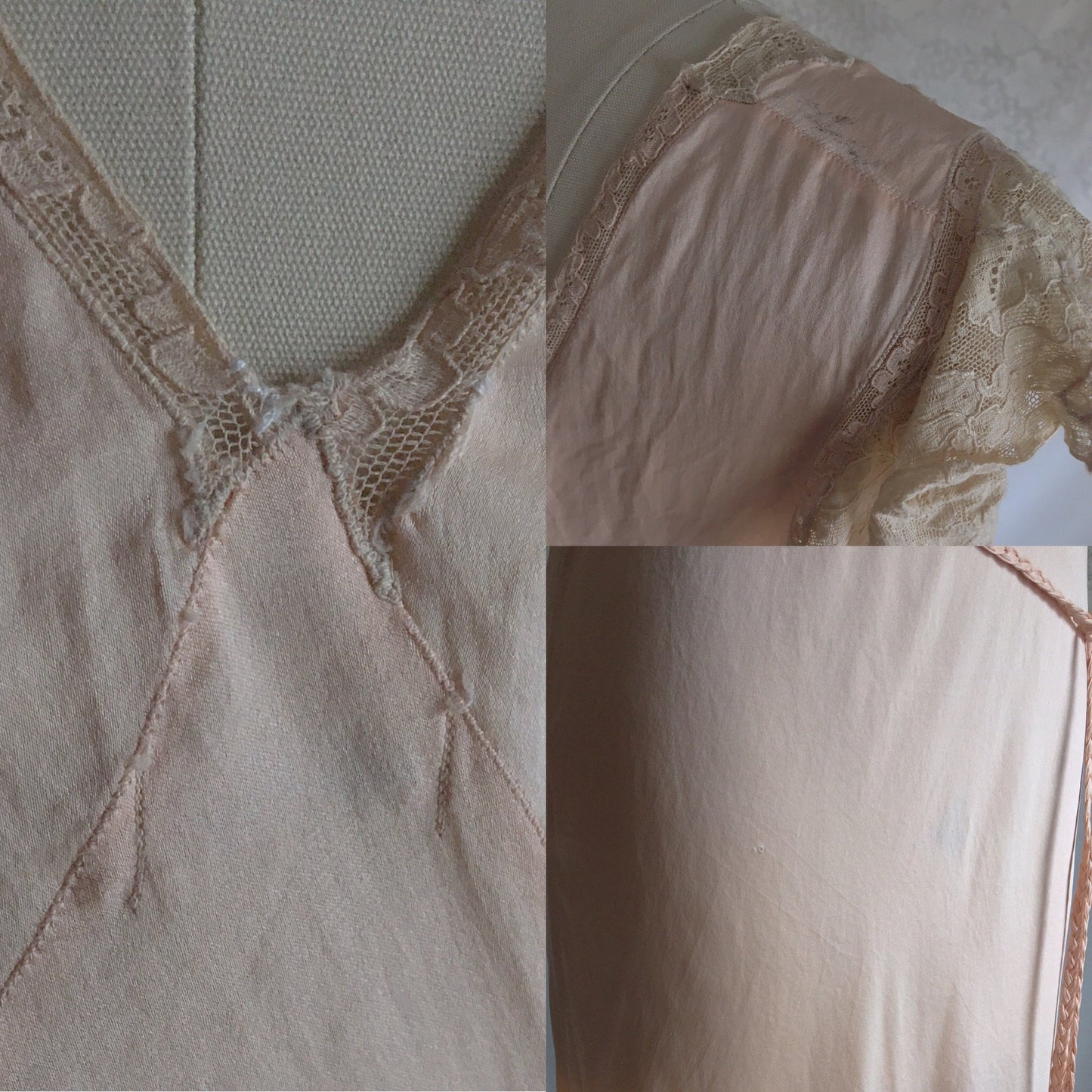 Vintage 1940's Nightgown | Peach Silk with Alencon Lace & Braided Tassel Sash Tie | Size LG - Daggers & Dames