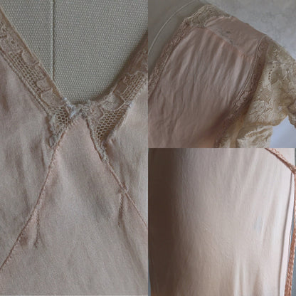Vintage 1940's Nightgown | Peach Silk with Alencon Lace & Braided Tassel Sash Tie | Size LG - Daggers & Dames
