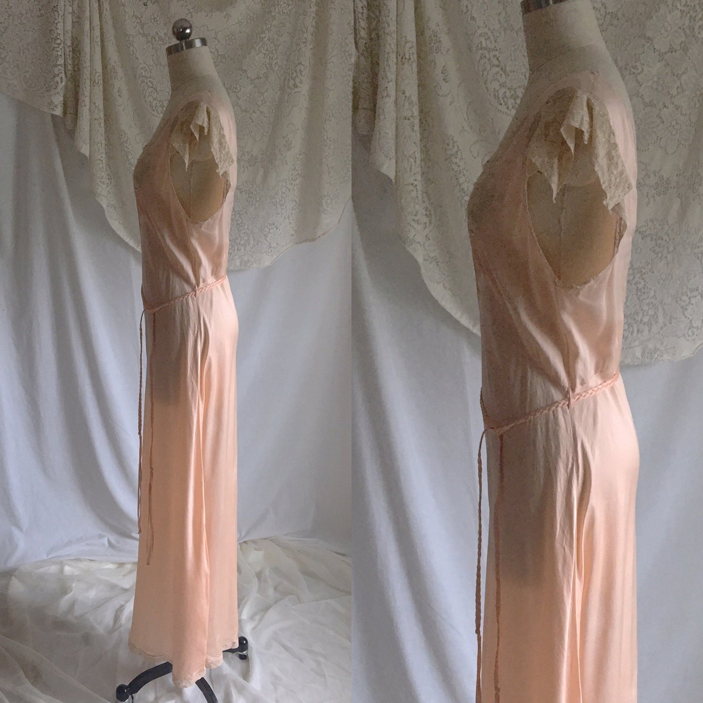 Vintage 1940's Nightgown | Peach Silk with Alencon Lace & Braided Tassel Sash Tie | Size LG - Daggers & Dames