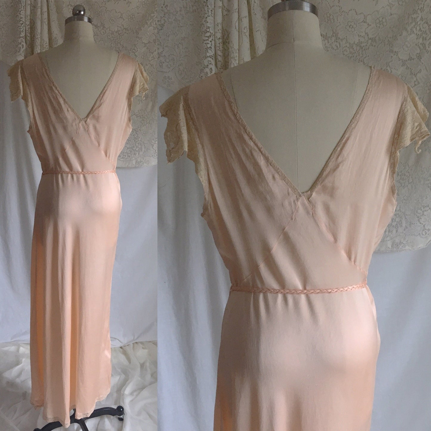 Vintage 1940's Nightgown | Peach Silk with Alencon Lace & Braided Tassel Sash Tie | Size LG - Daggers & Dames