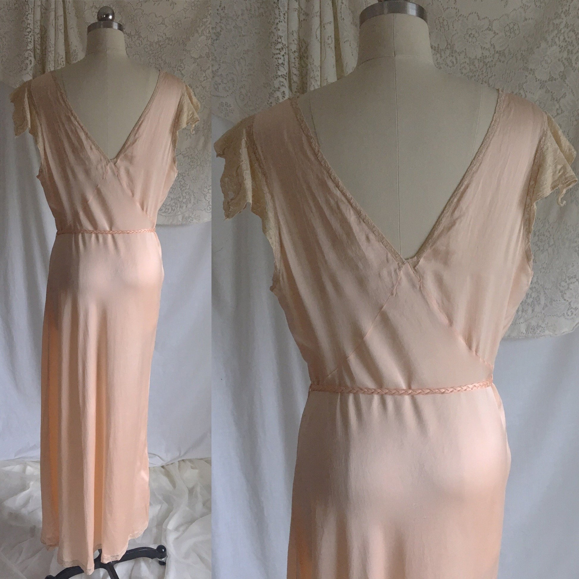 Vintage 1940's Nightgown | Peach Silk with Alencon Lace & Braided Tassel Sash Tie | Size LG - Daggers & Dames
