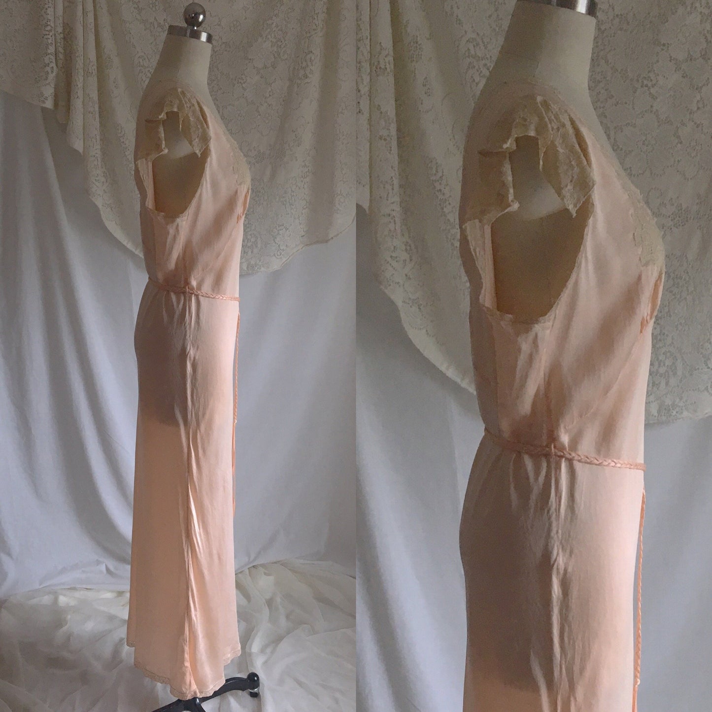 Vintage 1940's Nightgown | Peach Silk with Alencon Lace & Braided Tassel Sash Tie | Size LG - Daggers & Dames