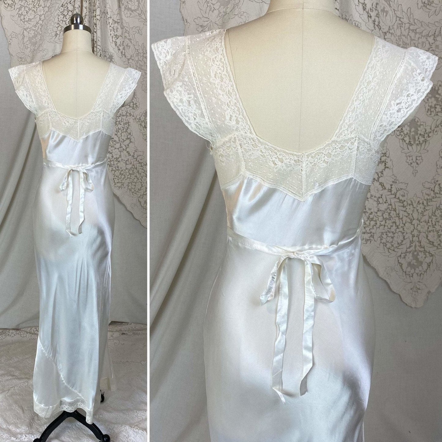 Vintage 1940's Nightgown | Pearlescent White Rayon Satin with Cotton Lace | Size XS | Prim-Lure - Daggers & Dames