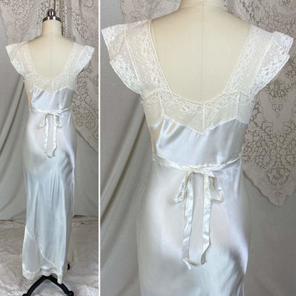 Vintage 1940's Nightgown | Pearlescent White Rayon Satin with Cotton Lace | Size XS | Prim-Lure - Daggers & Dames