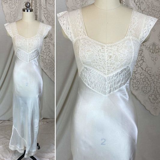 Vintage 1940's Nightgown | Pearlescent White Rayon Satin with Cotton Lace | Size XS | Prim-Lure - Daggers & Dames