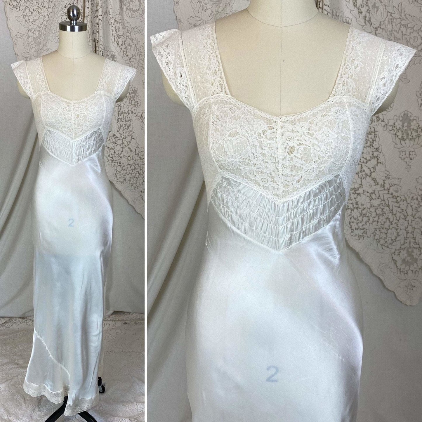 Vintage 1940's Nightgown | Pearlescent White Rayon Satin with Cotton Lace | Size XS | Prim-Lure - Daggers & Dames