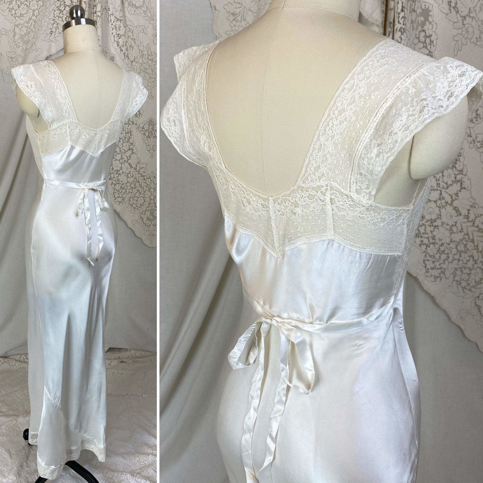 Vintage 1940's Nightgown | Pearlescent White Rayon Satin with Cotton Lace | Size XS | Prim-Lure - Daggers & Dames