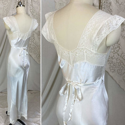 Vintage 1940's Nightgown | Pearlescent White Rayon Satin with Cotton Lace | Size XS | Prim-Lure - Daggers & Dames