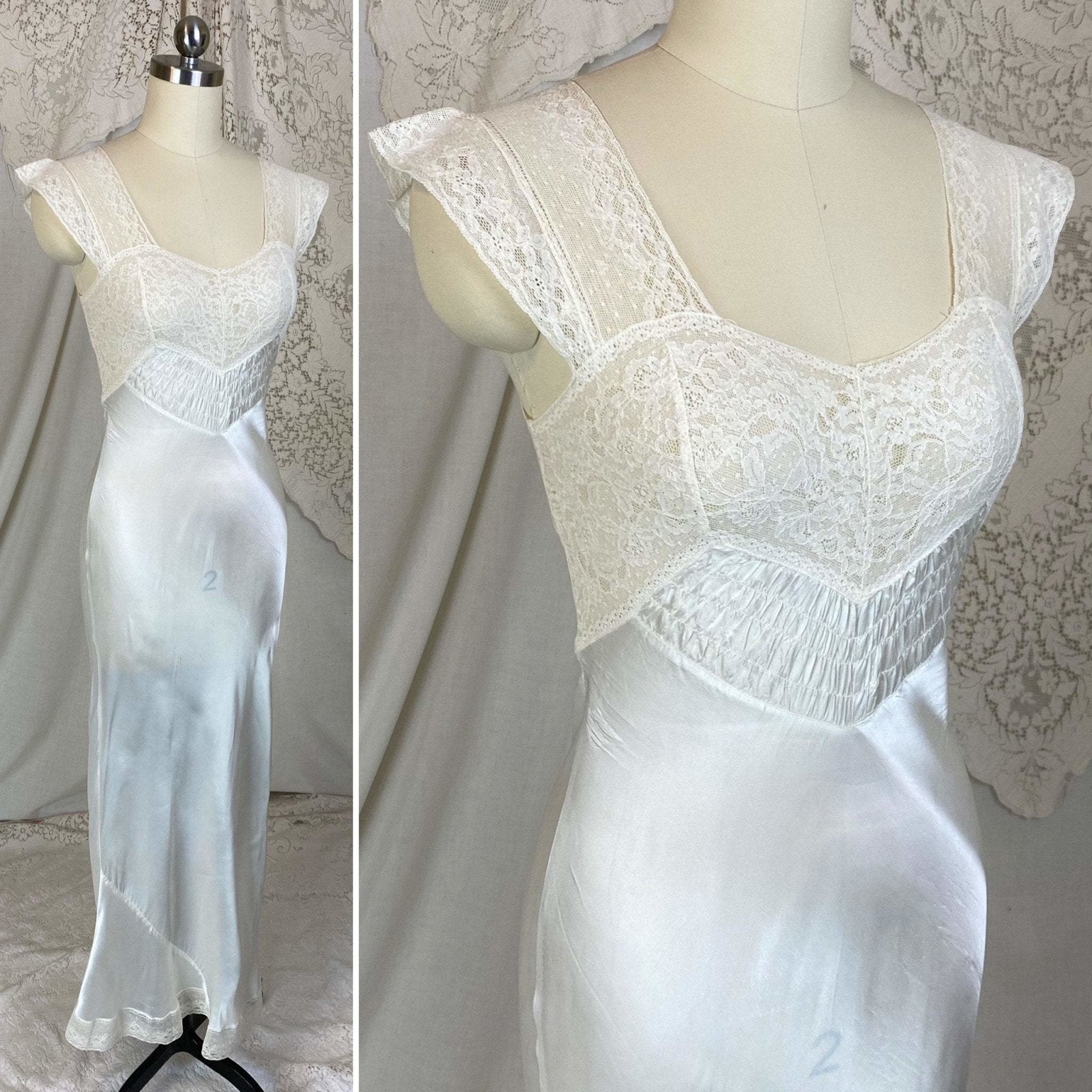 Vintage 1940's Nightgown | Pearlescent White Rayon Satin with Cotton Lace | Size XS | Prim-Lure - Daggers & Dames