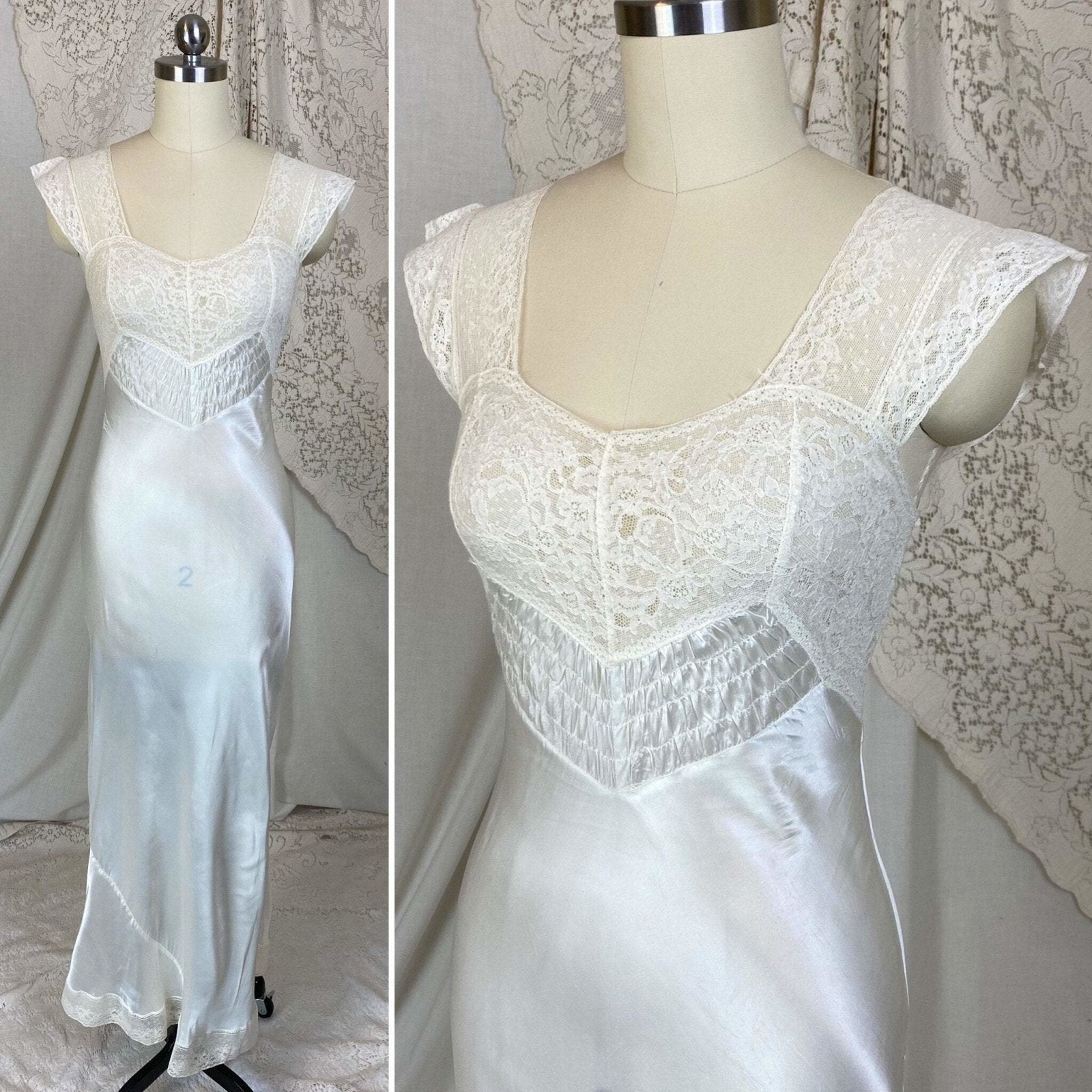 Vintage 1940's Nightgown | Pearlescent White Rayon Satin with Cotton Lace | Size XS | Prim-Lure - Daggers & Dames