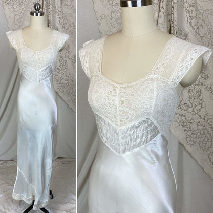 Vintage 1940's Nightgown | Pearlescent White Rayon Satin with Cotton Lace | Size XS | Prim-Lure - Daggers & Dames