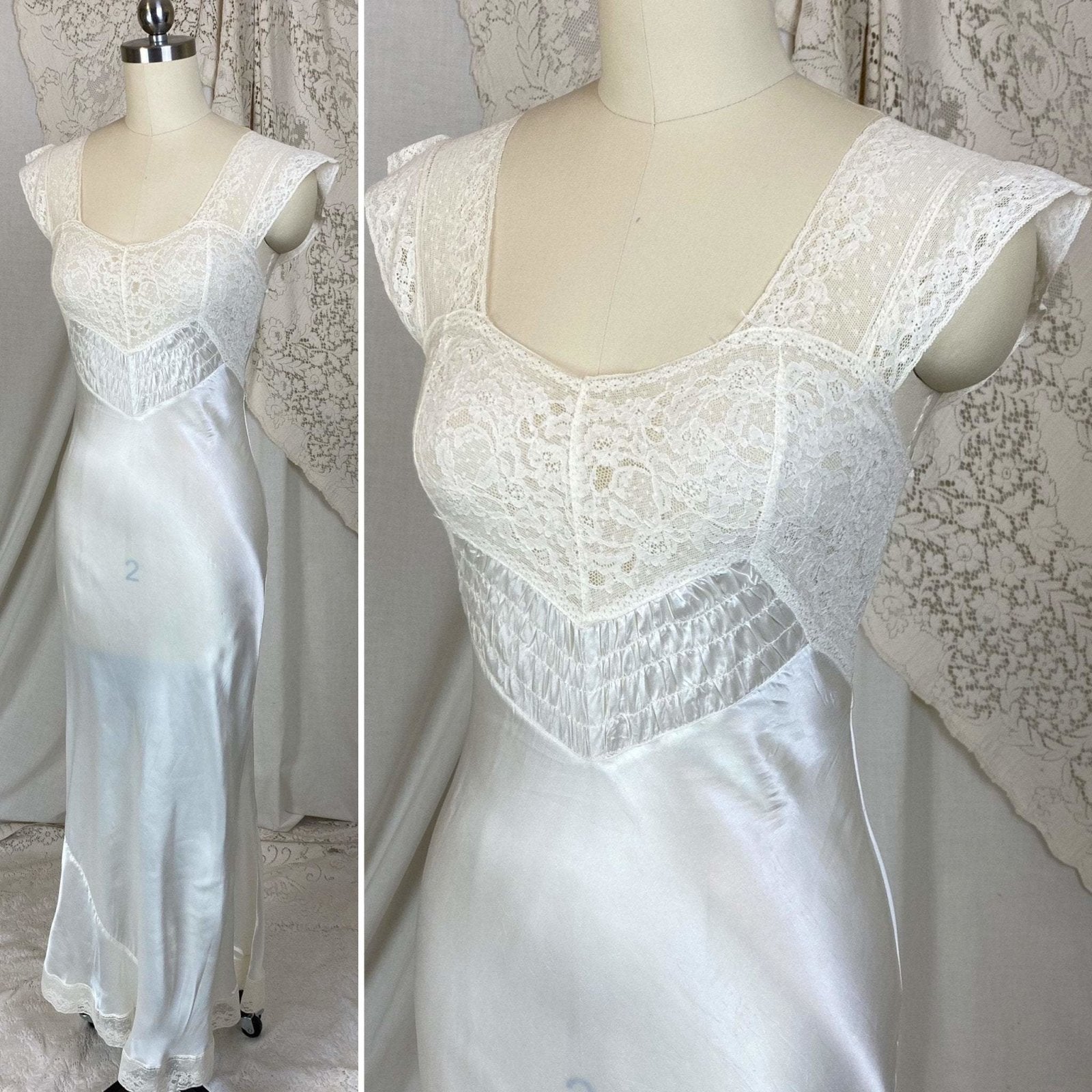Vintage 1940's Nightgown | Pearlescent White Rayon Satin with Cotton Lace | Size XS | Prim-Lure - Daggers & Dames