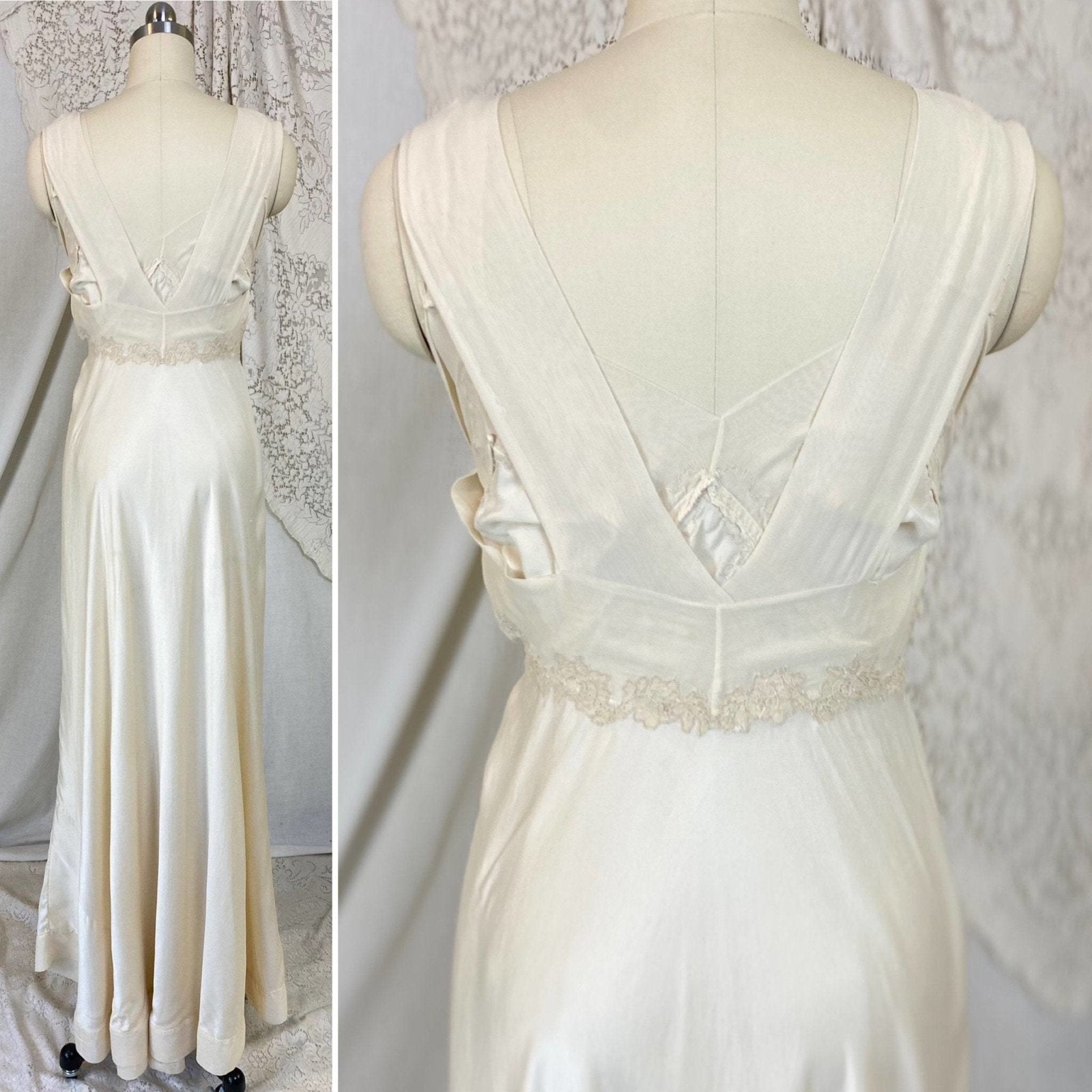 Vintage 1940's Nightgown | Pearly Ivory Silk with Chiffon & Floral Appliques | Size XS | Chevette - Daggers & Dames