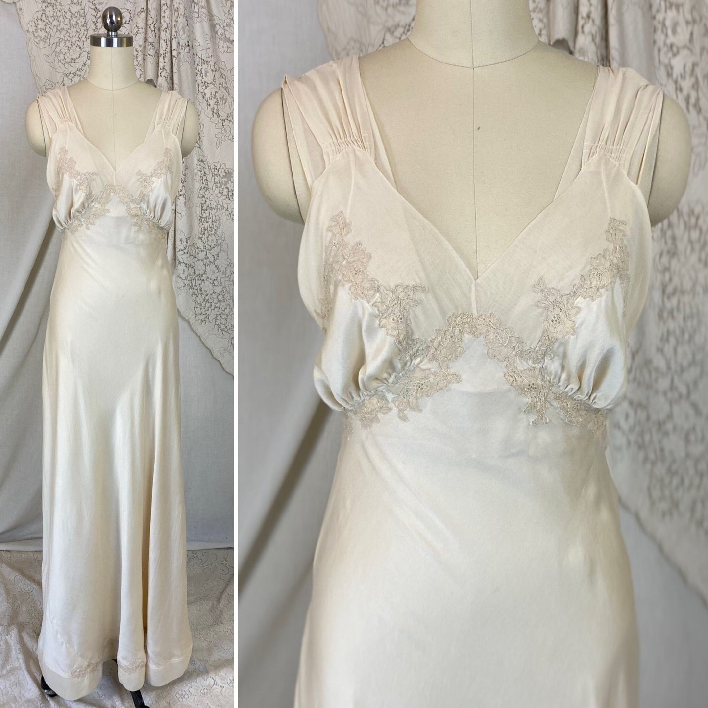 Vintage 1940's Nightgown | Pearly Ivory Silk with Chiffon & Floral Appliques | Size XS | Chevette - Daggers & Dames