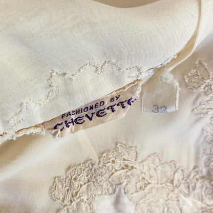 Vintage 1940's Nightgown | Pearly Ivory Silk with Chiffon & Floral Appliques | Size XS | Chevette - Daggers & Dames