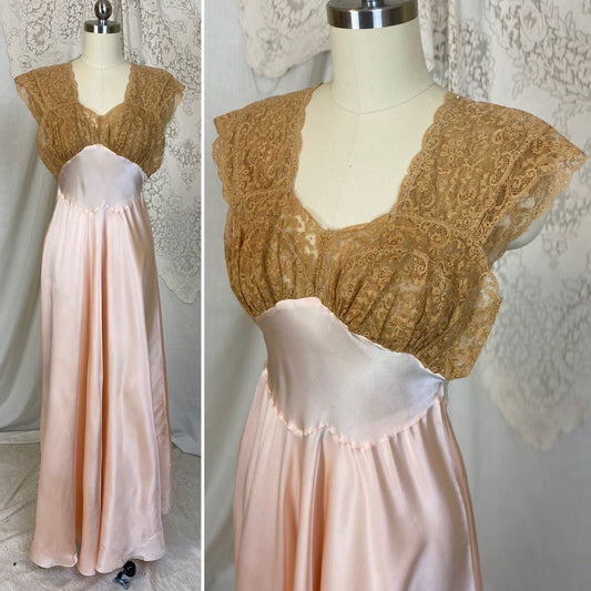 Vintage 1940's Nightgown | Pearly Rose Pink Silk with Deep Tan Floral Lace | Size XXS, XS | Fischer Lingerie - Daggers & Dames