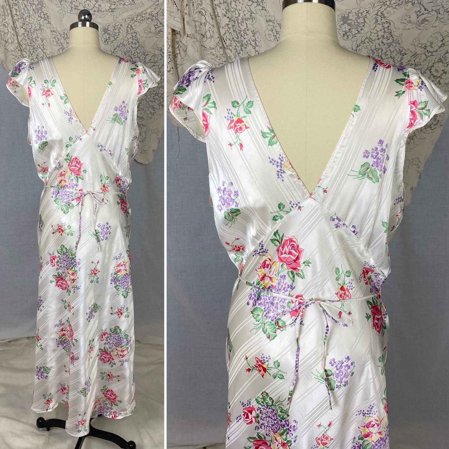 Vintage 1940's Nightgown | Pearly White Rayon Satin Striped Damask with Bold Floral Pattern | Size 40-44 Bust, LG/XL | Never Worn - Daggers & Dames