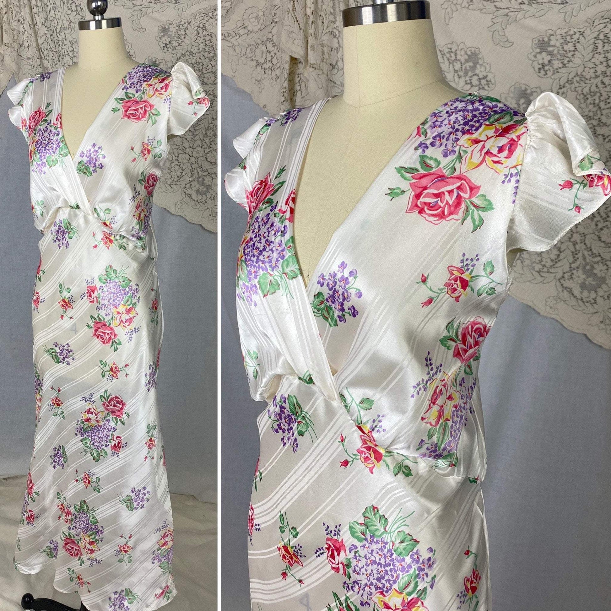 Vintage 1940's Nightgown | Pearly White Rayon Satin Striped Damask with Bold Floral Pattern | Size 40-44 Bust, LG/XL | Never Worn - Daggers & Dames