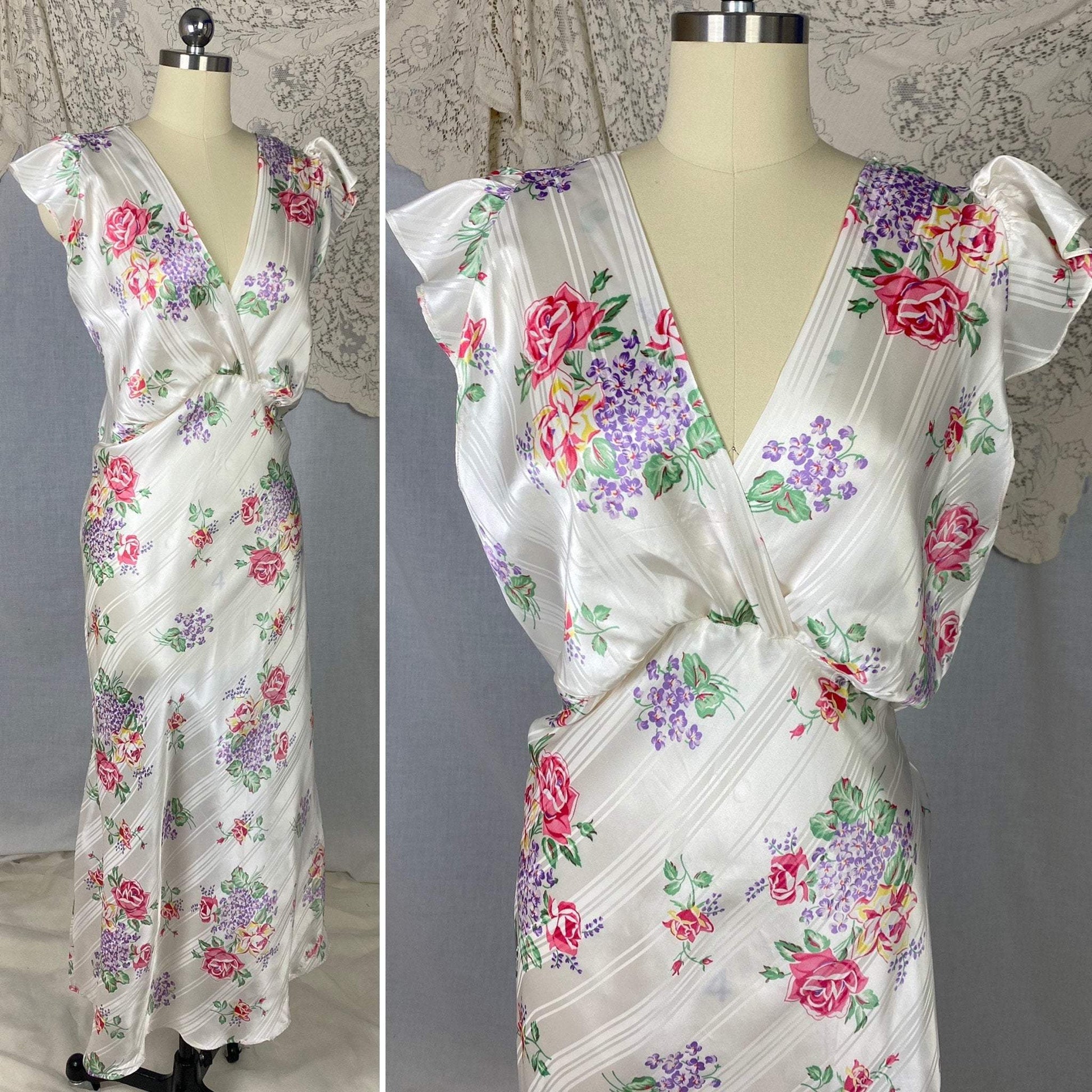 Vintage 1940's Nightgown | Pearly White Rayon Satin Striped Damask with Bold Floral Pattern | Size 40-44 Bust, LG/XL | Never Worn - Daggers & Dames