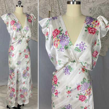 Vintage 1940's Nightgown | Pearly White Rayon Satin Striped Damask with Bold Floral Pattern | Size 40-44 Bust, LG/XL | Never Worn - Daggers & Dames