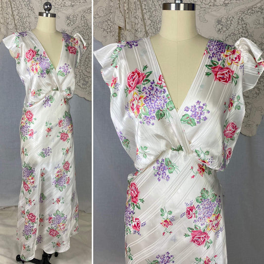 Vintage 1940's Nightgown | Pearly White Rayon Satin Striped Damask with Bold Floral Pattern | Size 40-44 Bust, LG/XL | Never Worn - Daggers & Dames