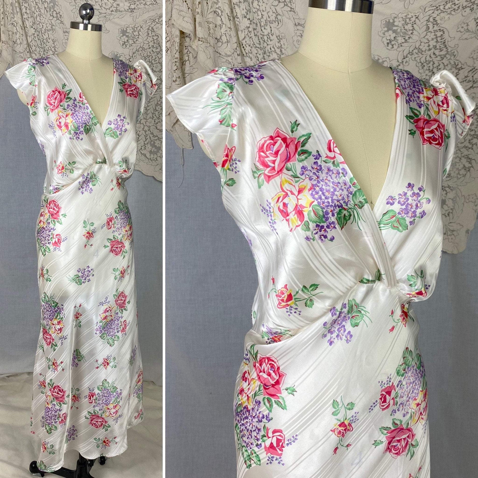 Vintage 1940's Nightgown | Pearly White Rayon Satin Striped Damask with Bold Floral Pattern | Size 40-44 Bust, LG/XL | Never Worn - Daggers & Dames