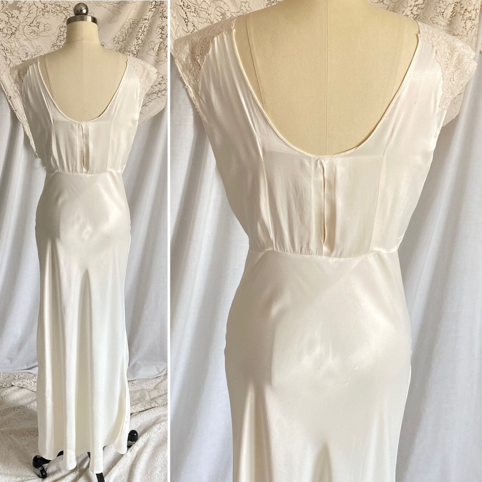 Vintage 1940's Nightgown | Pearly White Rayon Satin with Ivory Floral Cotton Lace & Center Slit | Size S, M | Sleepy Suzy - Daggers & Dames