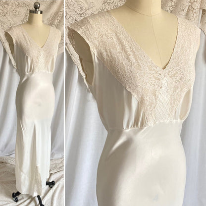 Vintage 1940's Nightgown | Pearly White Rayon Satin with Ivory Floral Cotton Lace & Center Slit | Size S, M | Sleepy Suzy - Daggers & Dames