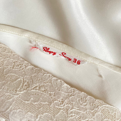 Vintage 1940's Nightgown | Pearly White Rayon Satin with Ivory Floral Cotton Lace & Center Slit | Size S, M | Sleepy Suzy - Daggers & Dames