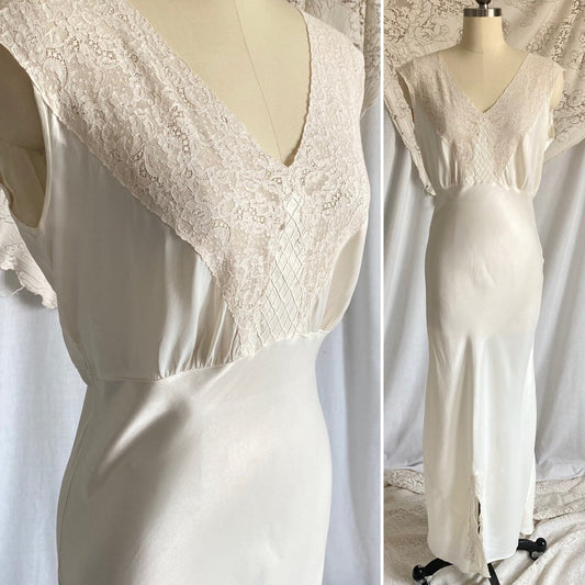 Vintage 1940's Nightgown | Pearly White Rayon Satin with Ivory Floral Cotton Lace & Center Slit | Size S, M | Sleepy Suzy - Daggers & Dames