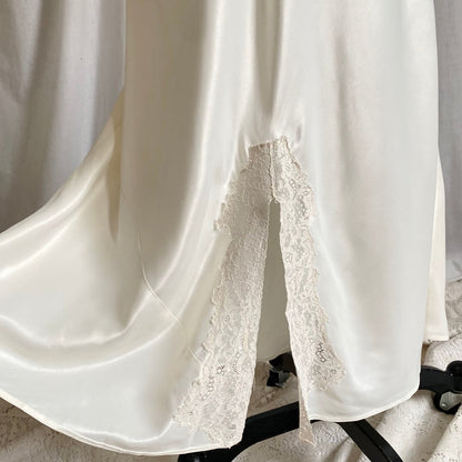 Vintage 1940's Nightgown | Pearly White Rayon Satin with Ivory Floral Cotton Lace & Center Slit | Size S, M | Sleepy Suzy - Daggers & Dames