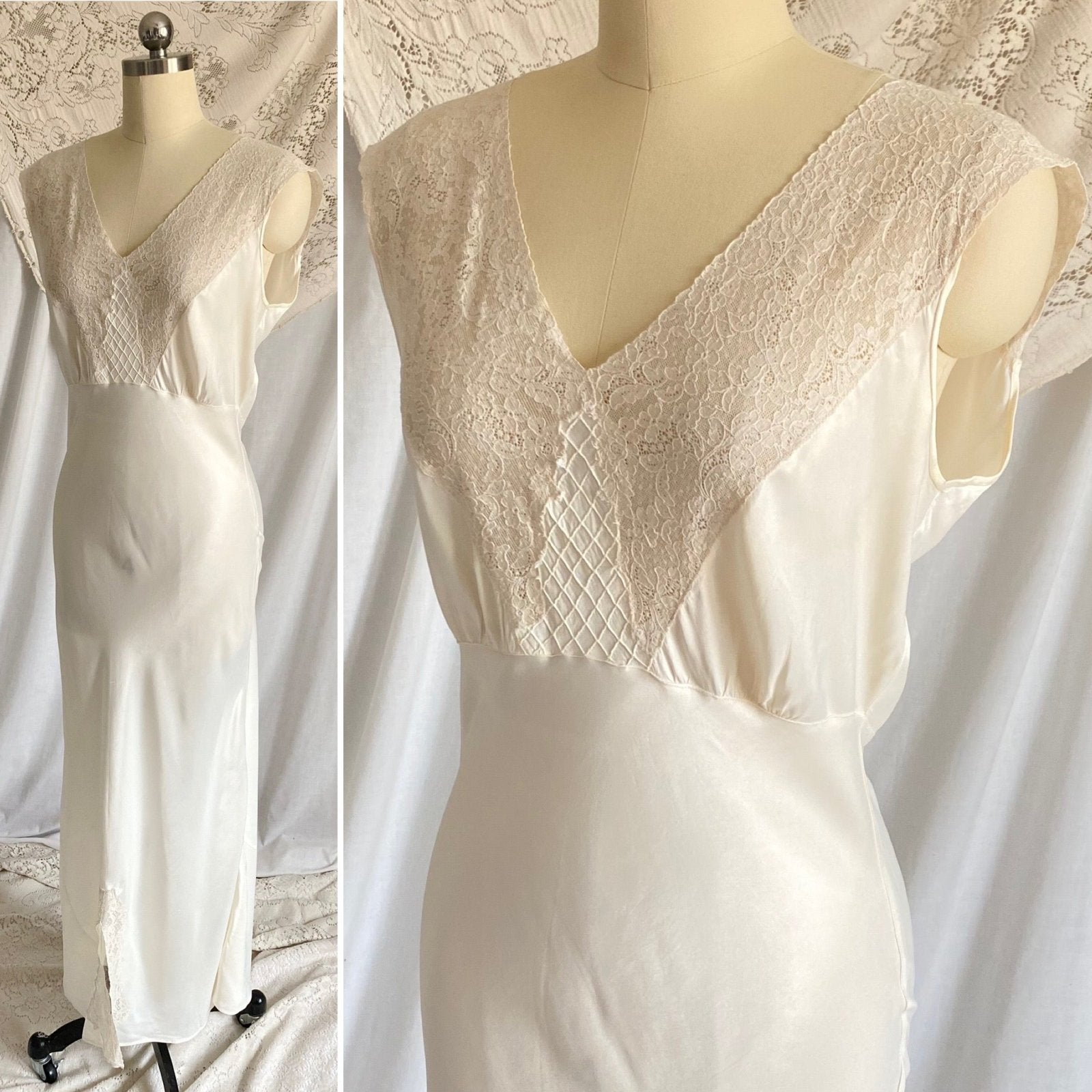 Vintage 1940's Nightgown | Pearly White Rayon Satin with Ivory Floral Cotton Lace & Center Slit | Size S, M | Sleepy Suzy - Daggers & Dames