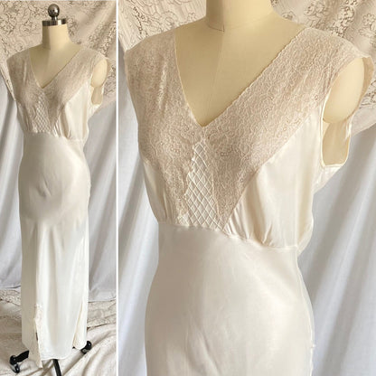 Vintage 1940's Nightgown | Pearly White Rayon Satin with Ivory Floral Cotton Lace & Center Slit | Size S, M | Sleepy Suzy - Daggers & Dames