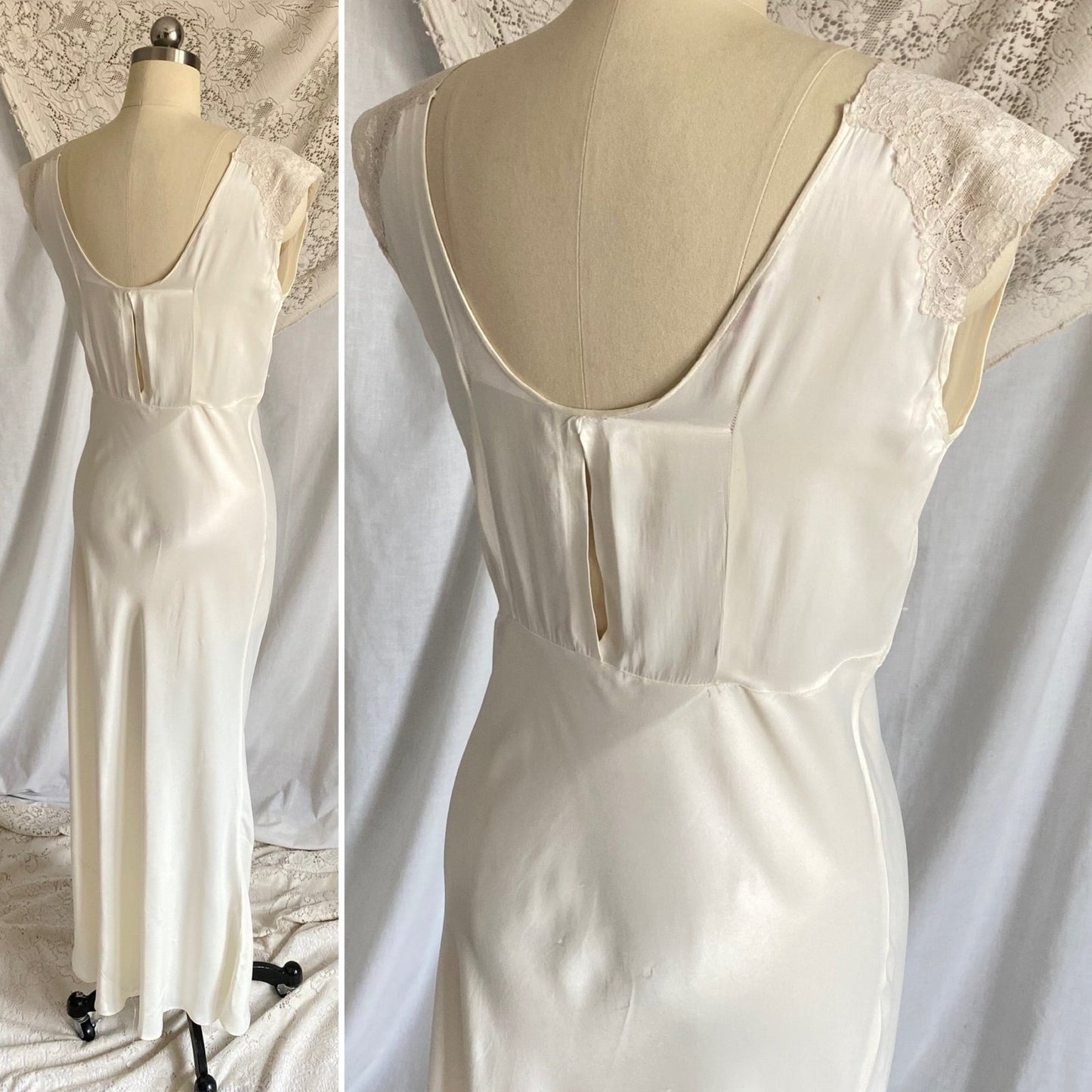 Vintage 1940's Nightgown | Pearly White Rayon Satin with Ivory Floral Cotton Lace & Center Slit | Size S, M | Sleepy Suzy - Daggers & Dames