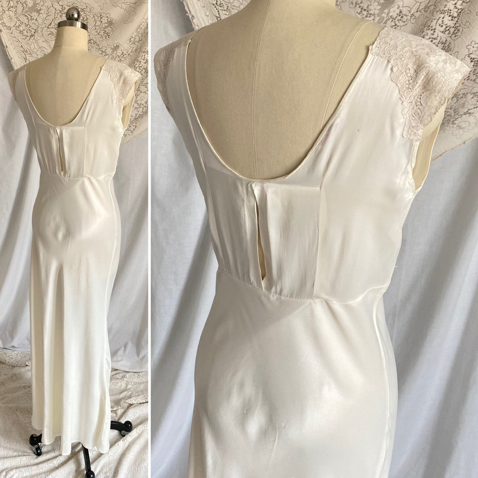 Vintage 1940's Nightgown | Pearly White Rayon Satin with Ivory Floral Cotton Lace & Center Slit | Size S, M | Sleepy Suzy - Daggers & Dames