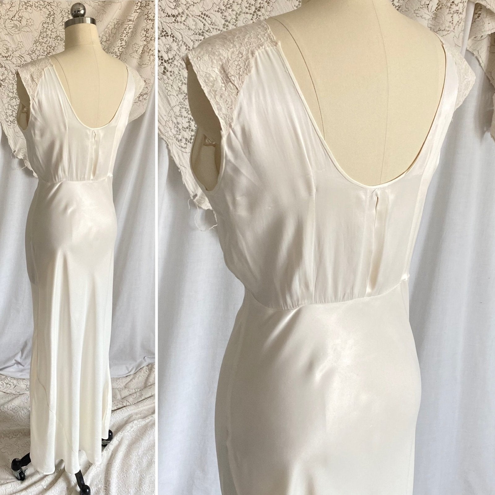 Vintage 1940's Nightgown | Pearly White Rayon Satin with Ivory Floral Cotton Lace & Center Slit | Size S, M | Sleepy Suzy - Daggers & Dames